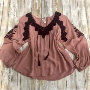 mauve and burgundy embroidered lace up peasant top